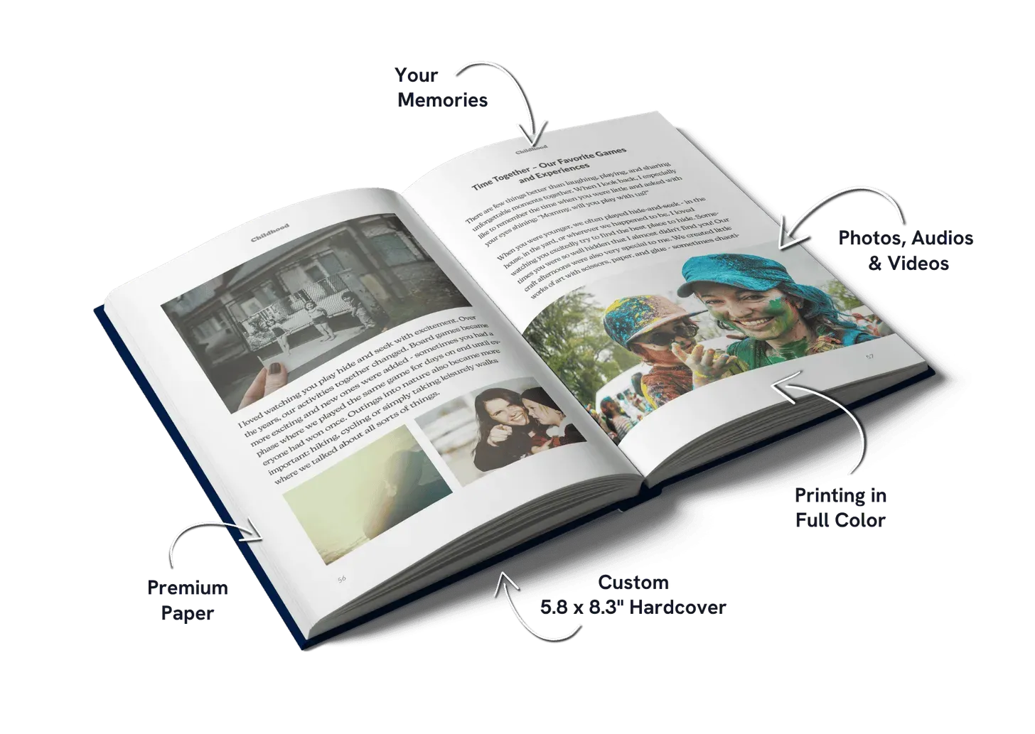An open Meminto book with personal entries and photographs from shared working years