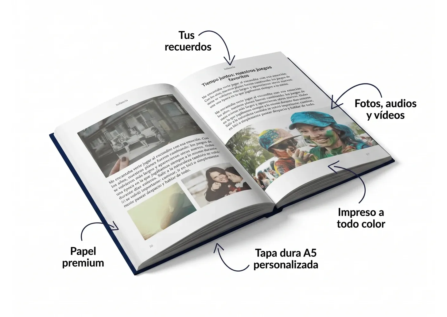 Libro Meminto abierto con historias personales, fotos y detalles de la calidad de impresión