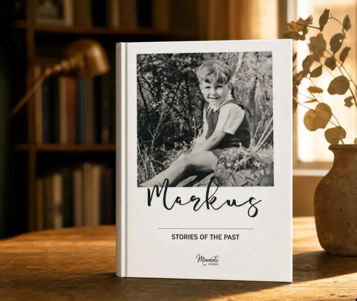 A white matte 5.8 × 8.3-inch hardcover memorial book titled "Stories of the Past" with a black-and-white portrait on the cover