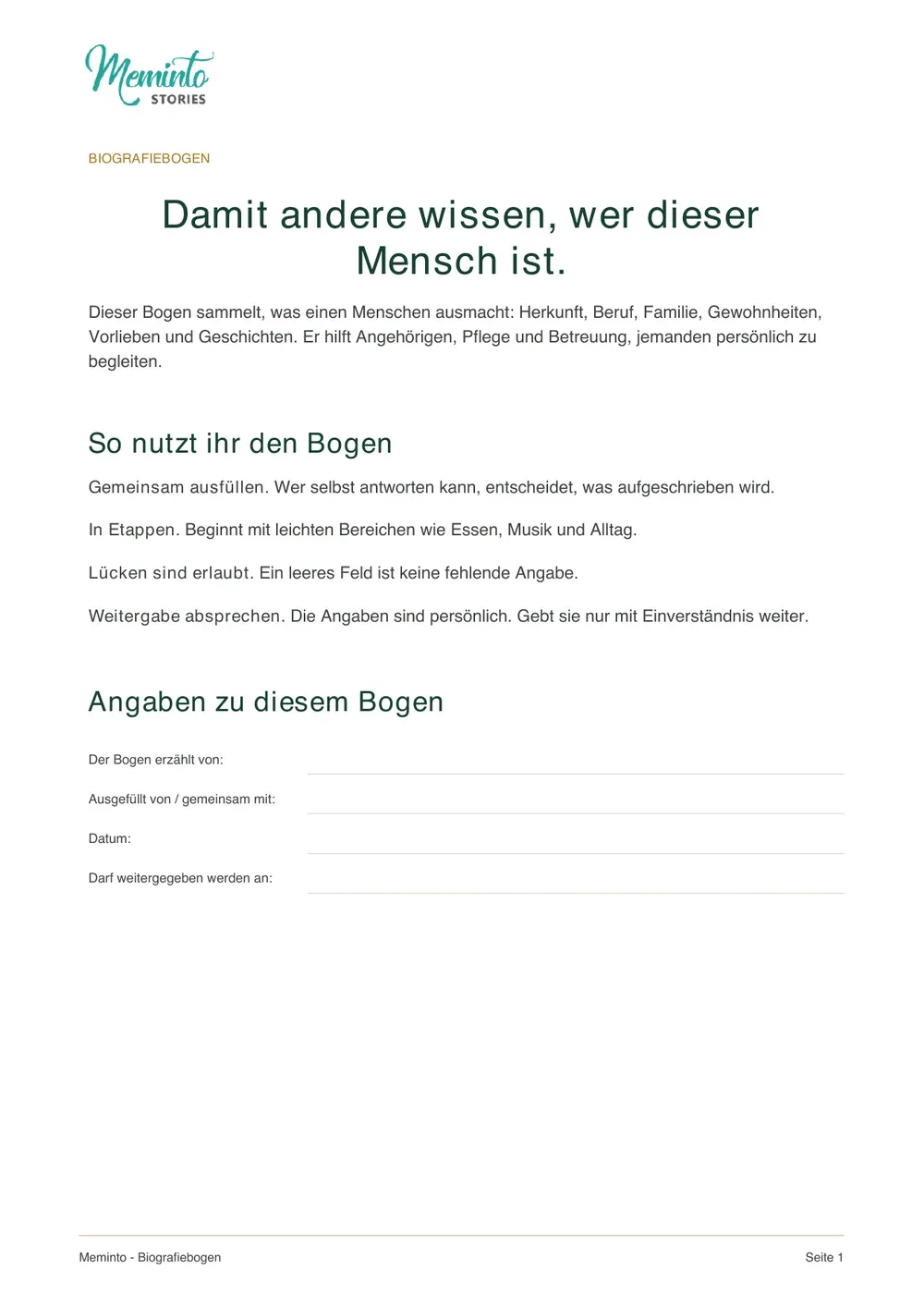 Erste Seite des Meminto Biografiebogens