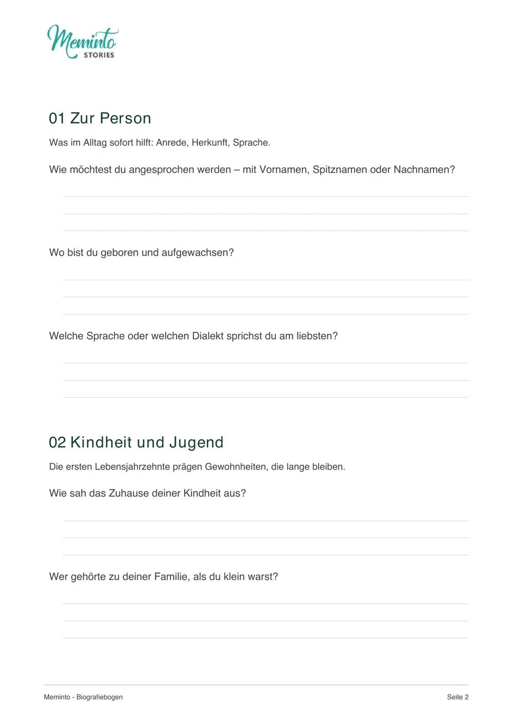 Fragenseite des Biografiebogens mit Linien zum Schreiben