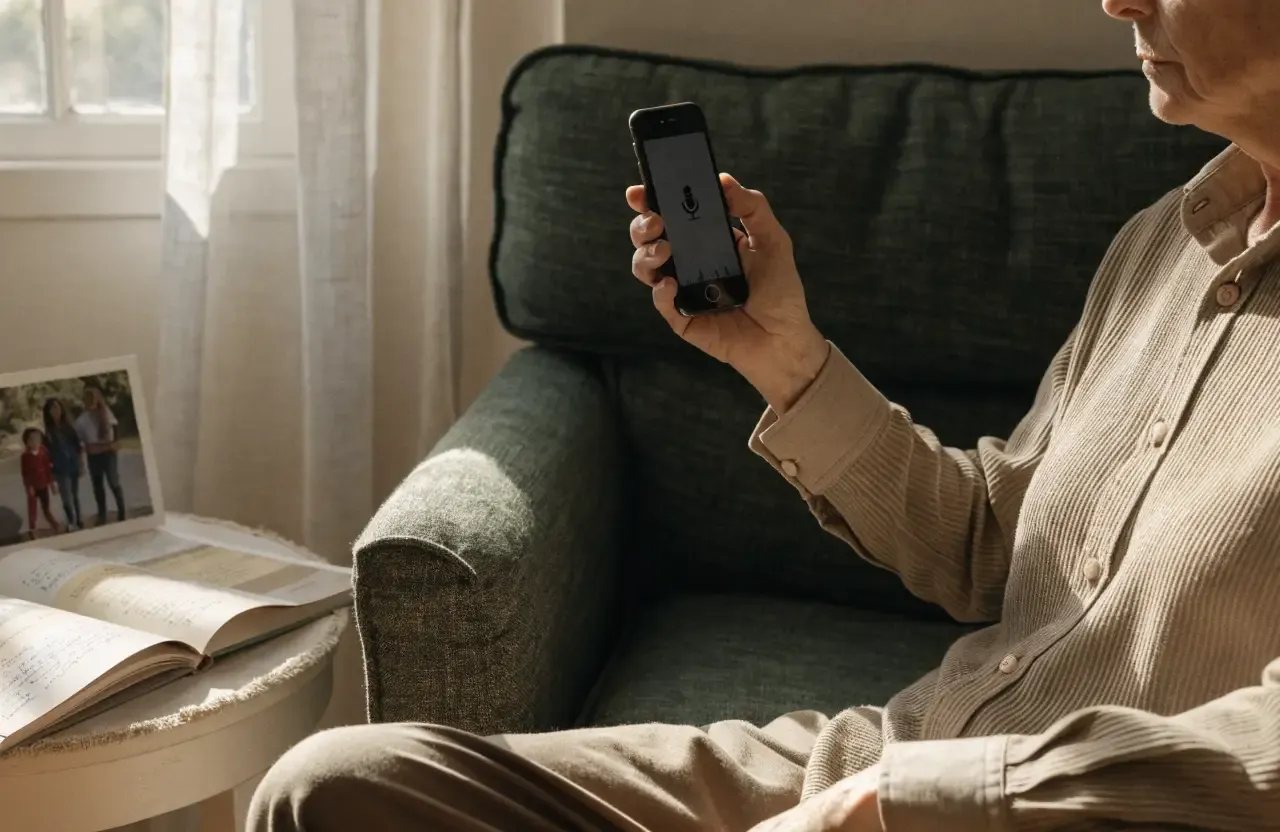 An older man recording a spoken memory with a smartphone
