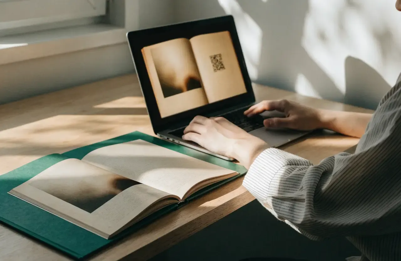 A book preview with a QR code being checked on a laptop before printing