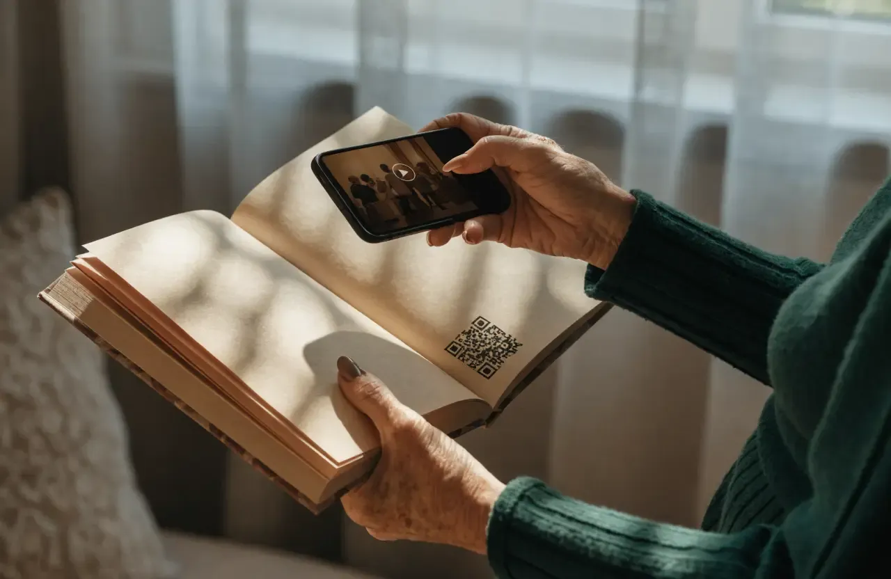 A QR code in a printed memory book being scanned with a smartphone