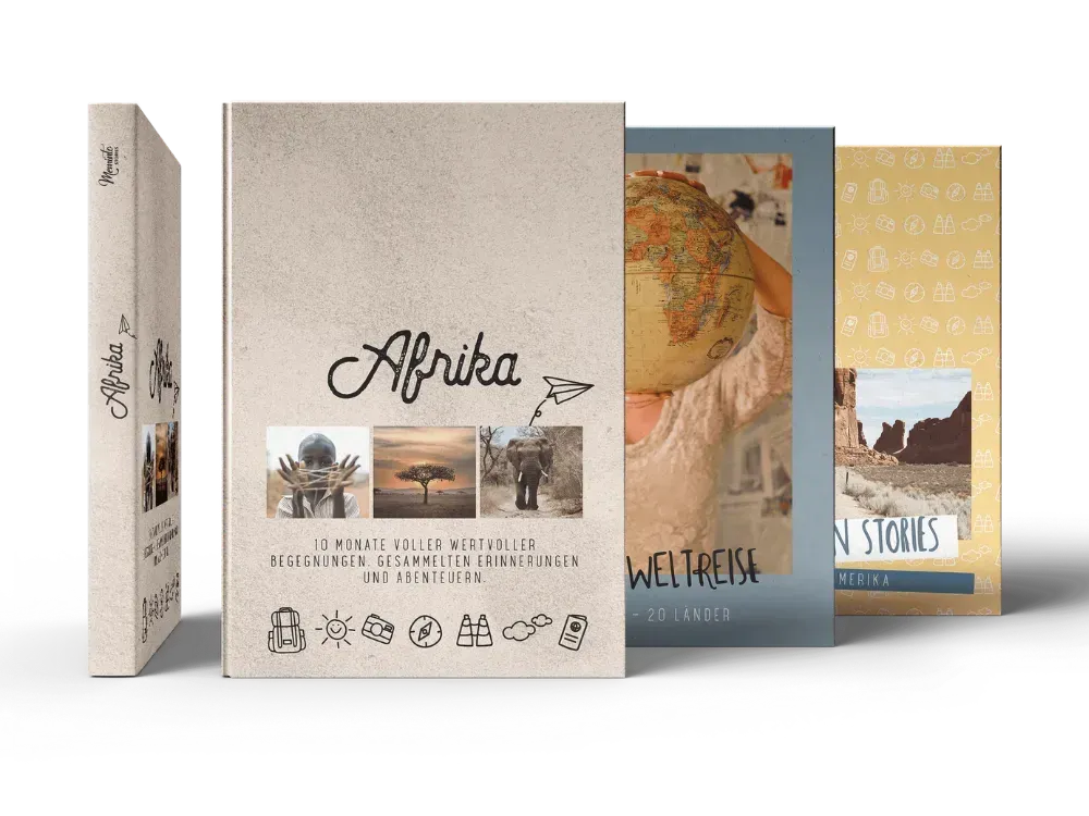 Three printed Meminto Travel Books side by side, each with its own photo cover