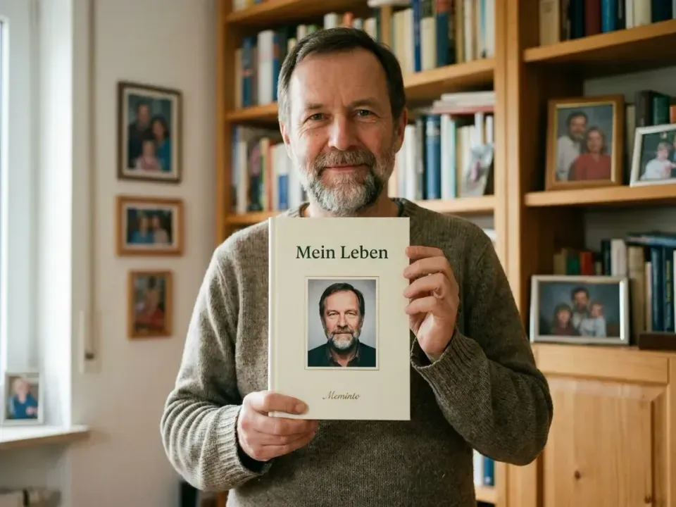 Ein Vater hält sein persönliches Meminto Lebensbuch in den Händen
