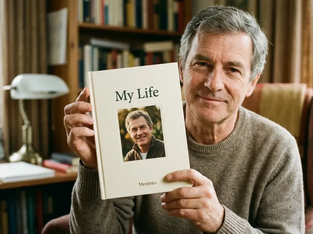 A man holds the finished English Meminto Life Story Book in his hands
