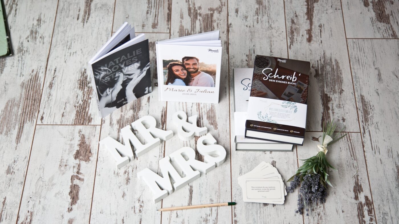 Several Meminto Wedding Guest Books prepared as wedding gifts