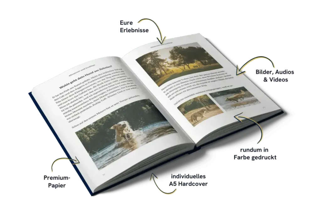 Aufgeschlagenes Erinnerungsbuch mit Fotos und Textseiten