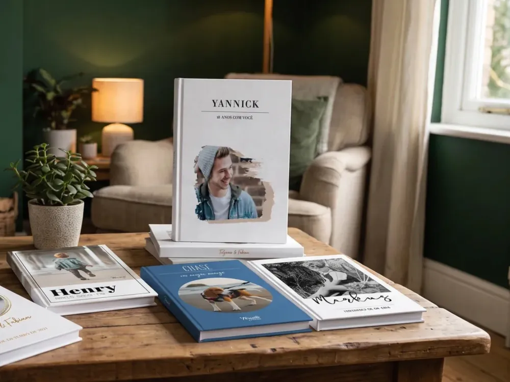 Mehrere matte Meminto Hardcover in einem warmen Lesezimmer
