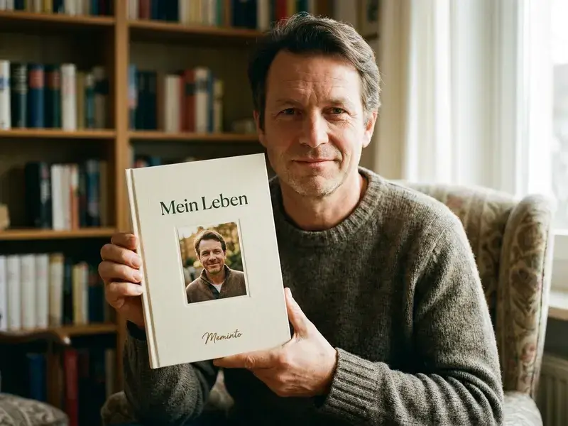 Autor hält sein fertiges Hardcover-Buch in den Händen