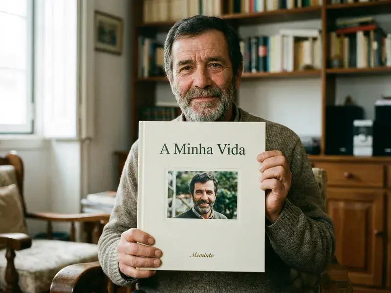 Autor a segurar o seu livro de capa dura terminado
