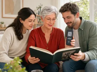 A woman looking at the finished Memorial Book with family members