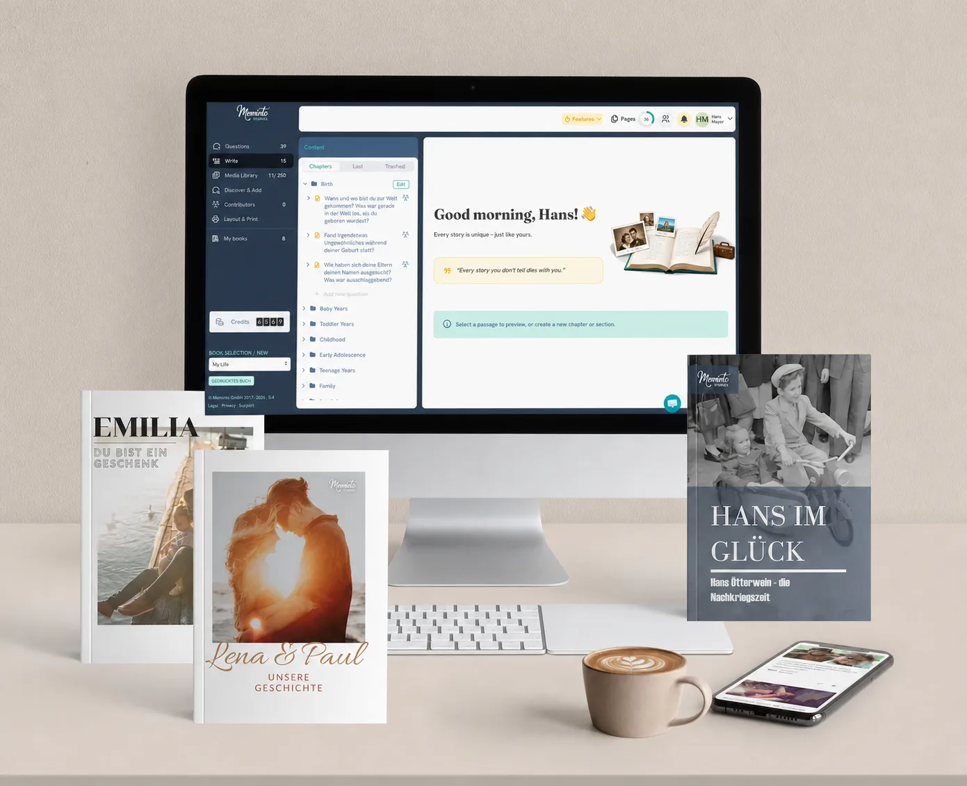 Meminto-Software auf einem iMac neben gedruckten Hardcover-Büchern