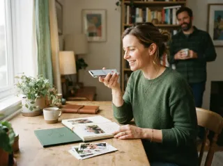 A parent records a memory on a smartphone with the Youth Book nearby