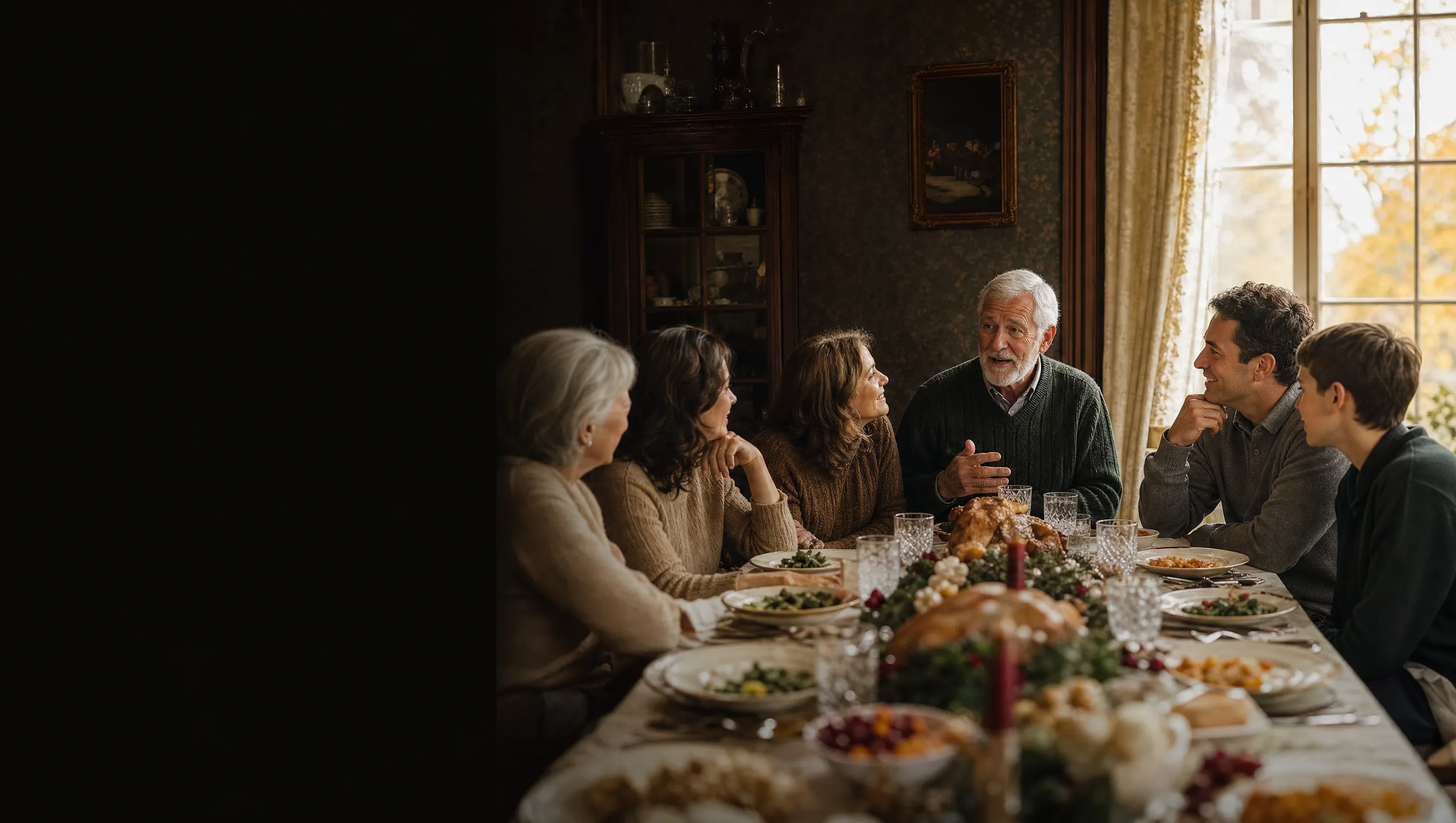 A family gathered around a Thanksgiving table, listening to the grandfather