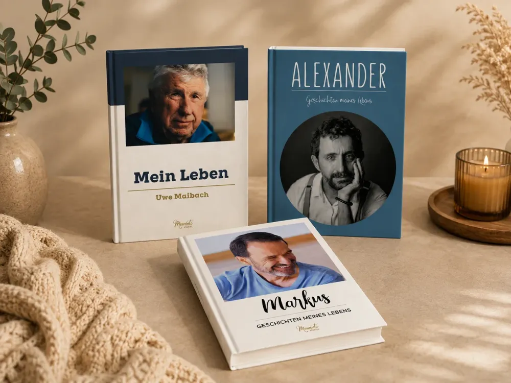 Three printed Meminto memory books with portraits and names on the covers