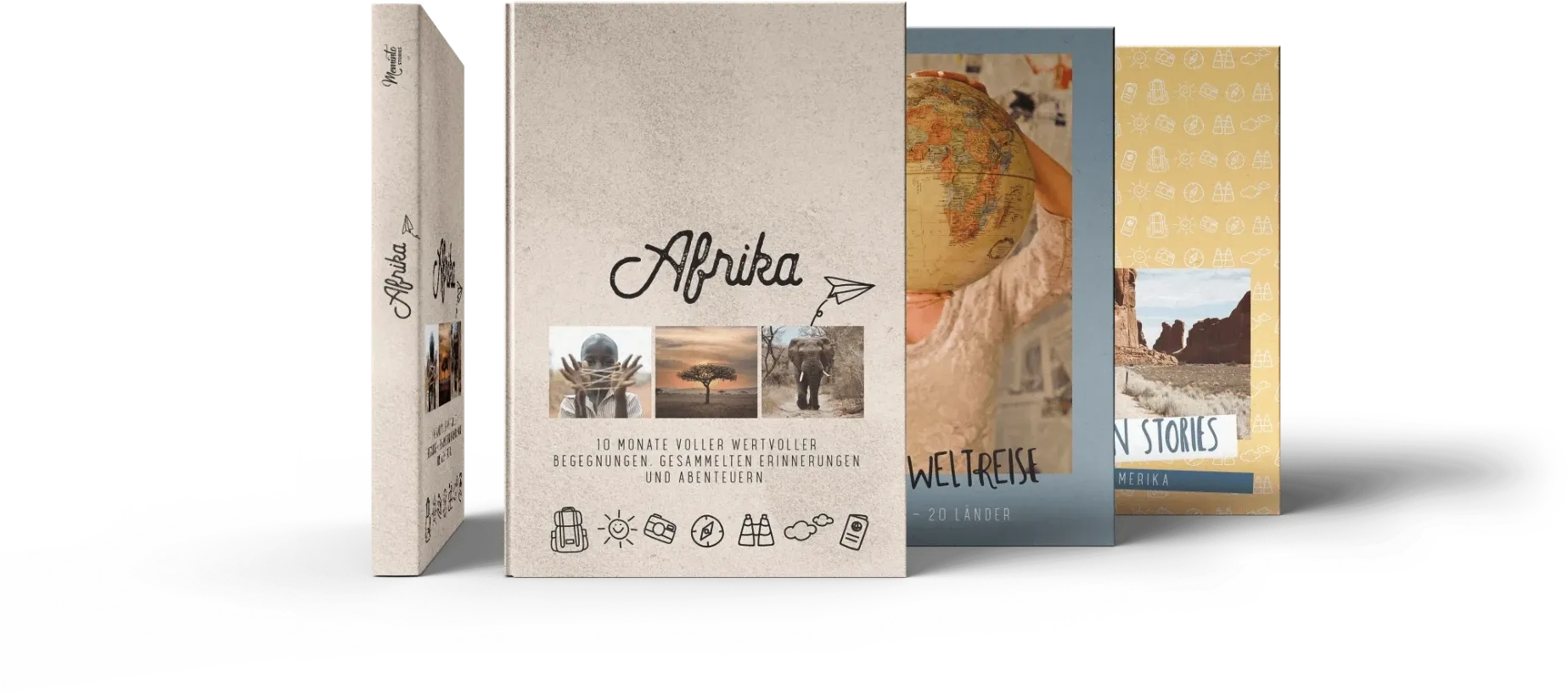 Three printed Meminto Travel Books as matte 5.8 × 8.3-inch hardcovers, each with its own photo cover
