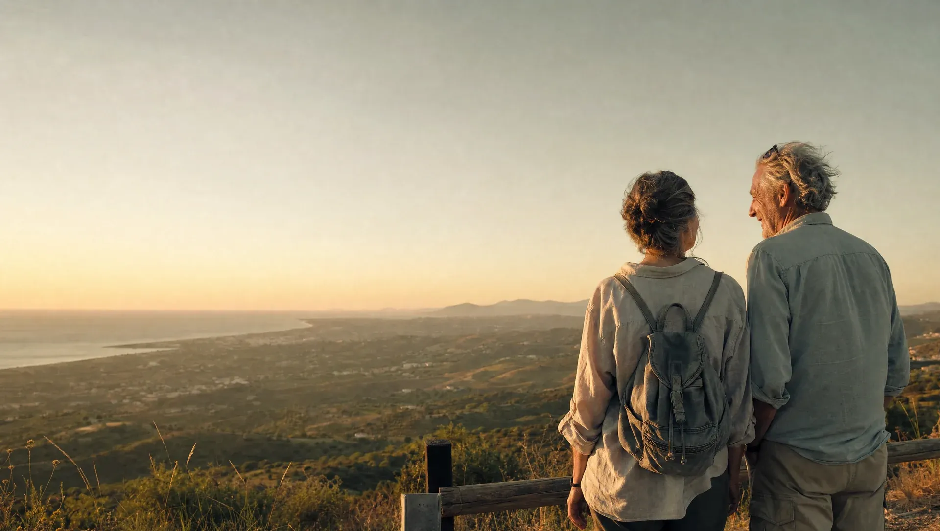 A couple in their early sixties standing at a viewpoint in the evening light, looking out over a wide landscape