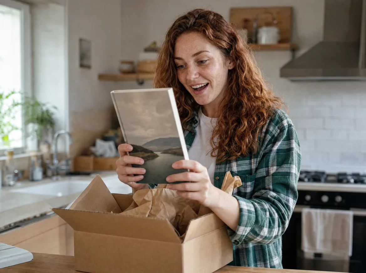 A young woman unpacking her printed Travel Book from its parcel