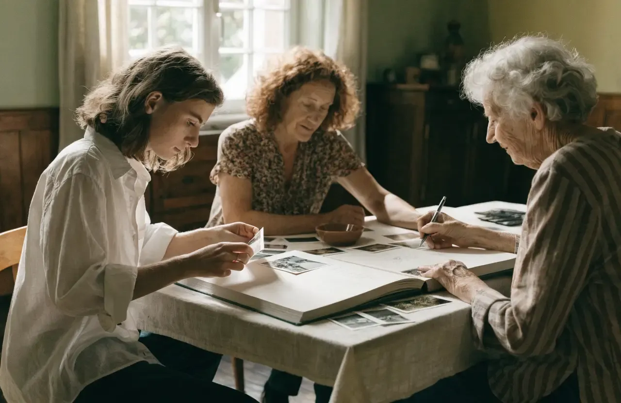 Three generations collecting photographs and stories for a shared life story book