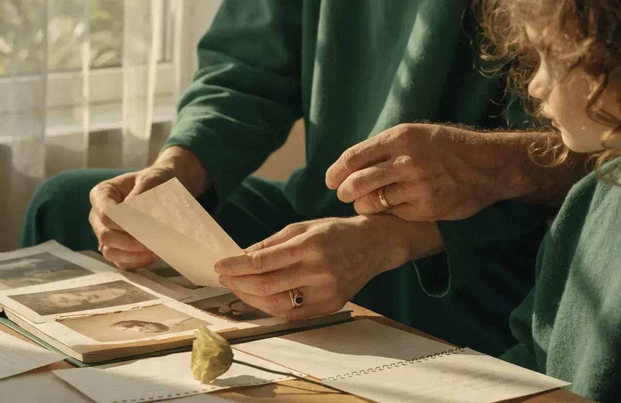A family creating a personal memorial book with old photographs and a flower
