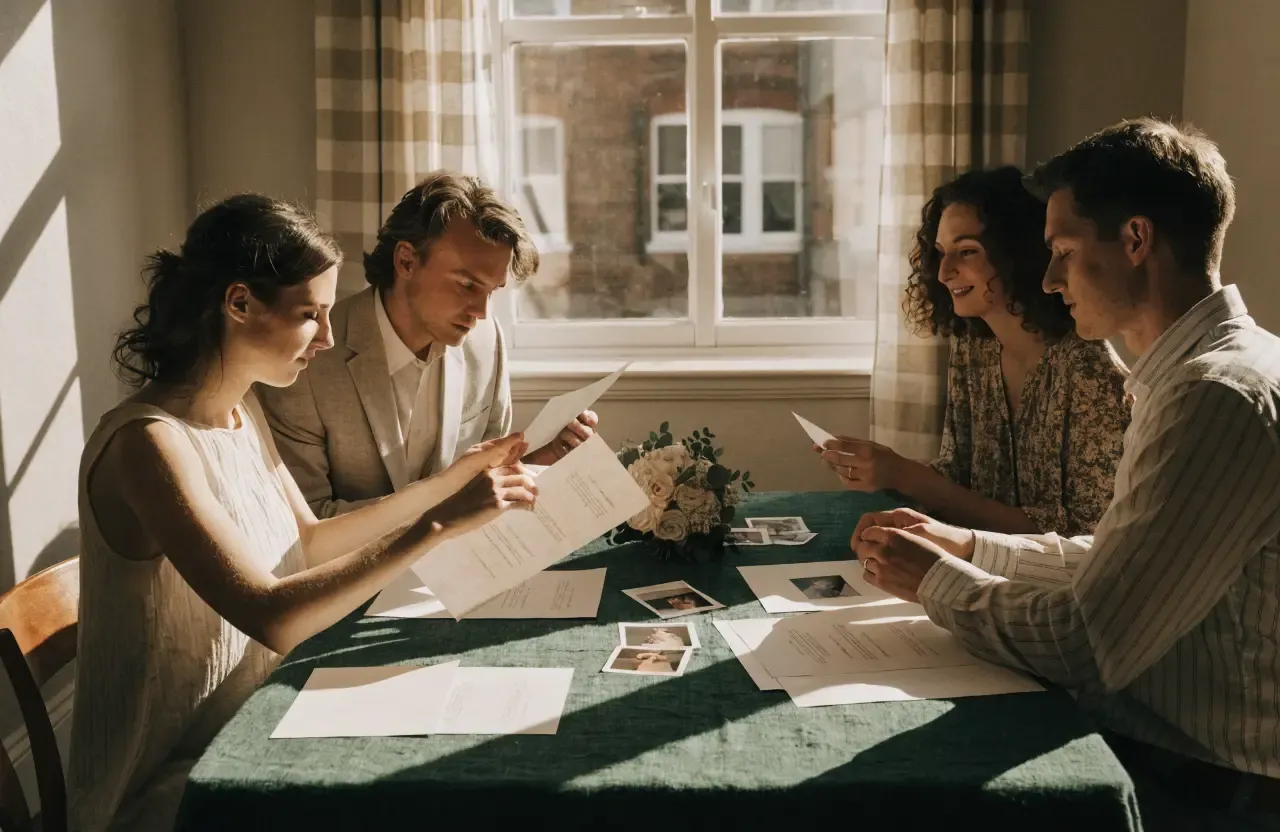 Two wedding guests selecting photographs and memories for a shared book