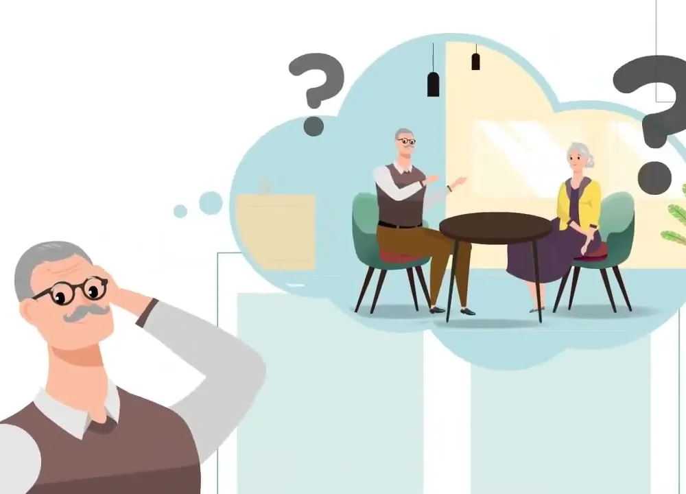 Opening frame of the Meminto explainer video: an older man wondering how to tell his life story