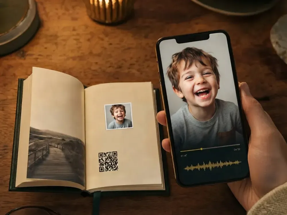 Open childhood memory book with a QR code beside a smartphone showing and playing a laughing boy