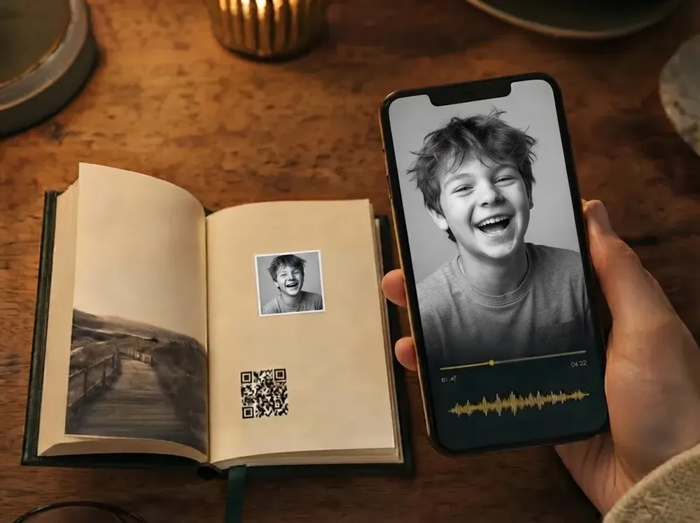 Open youth memory book with a QR code beside a smartphone showing and playing a laughing teenager