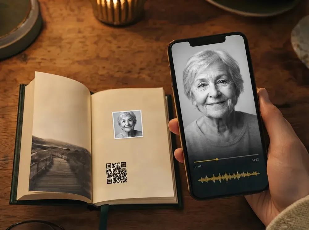 Open Meminto book with a QR code beside a smartphone playing an older woman’s voice recording