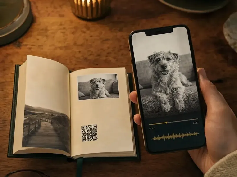 Open dog memory book with a QR code beside a smartphone playing a video of the dog