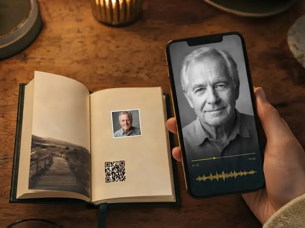 Open memorial book with a QR code beside a smartphone playing an older man’s voice recording