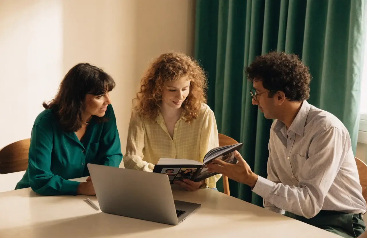 A small group gathered around a book and a laptop
