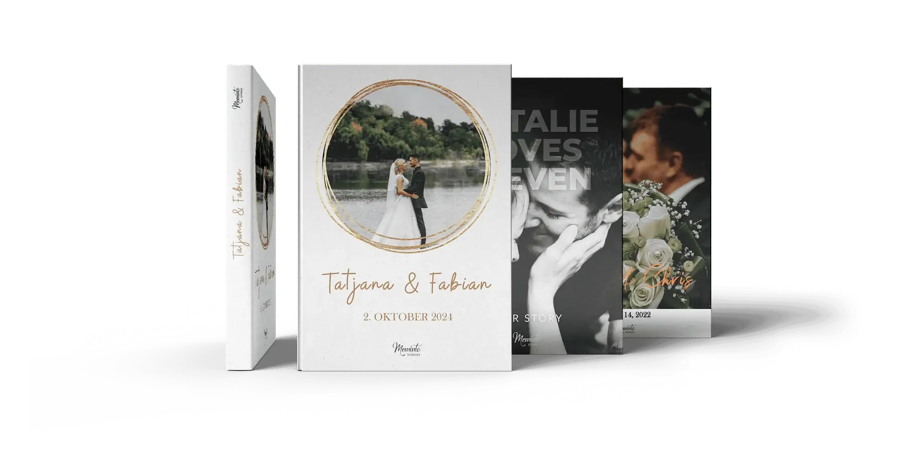 Three personalised Meminto books for weddings, golden anniversaries, and relationship anniversaries