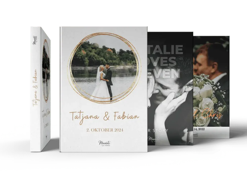Three Meminto books for weddings, golden anniversaries, and relationship anniversaries