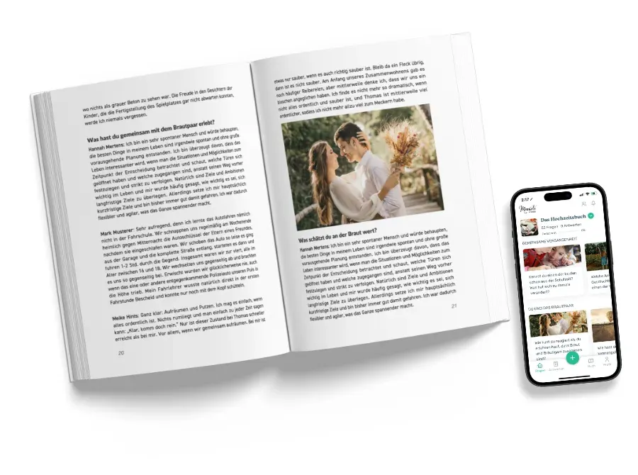 Open pages of a Meminto wedding book with personal contributions