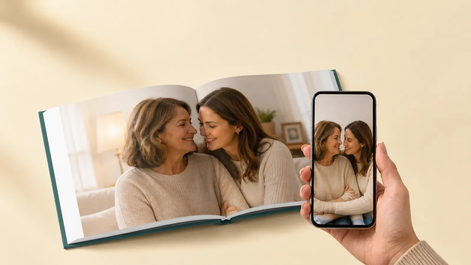 Um livro Meminto aberto e um telemóvel guardam a mesma memória entre mãe e filha