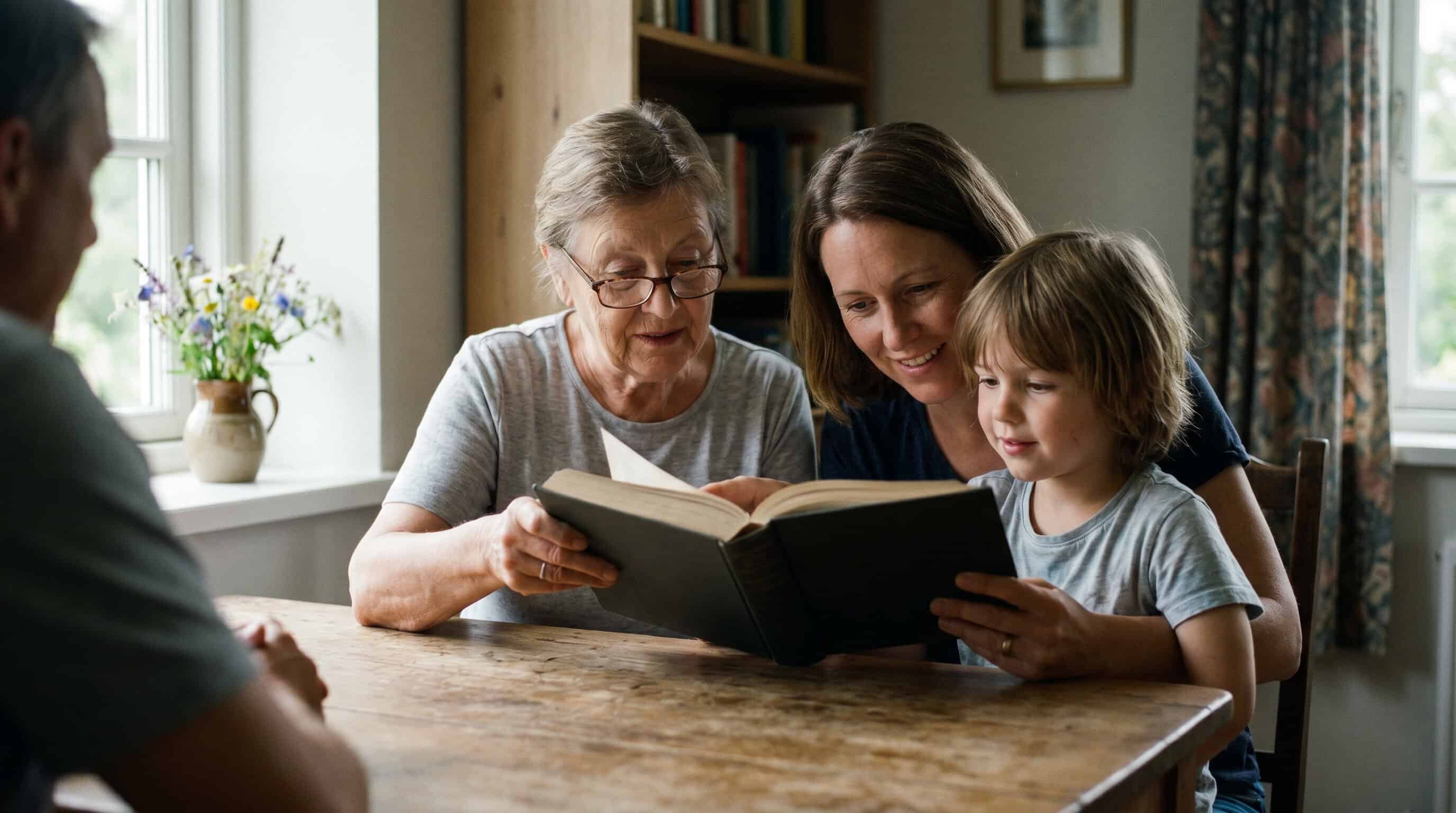 Drei Generationen lesen gemeinsam ein Meminto Lebensbuch am Sonntagmorgen