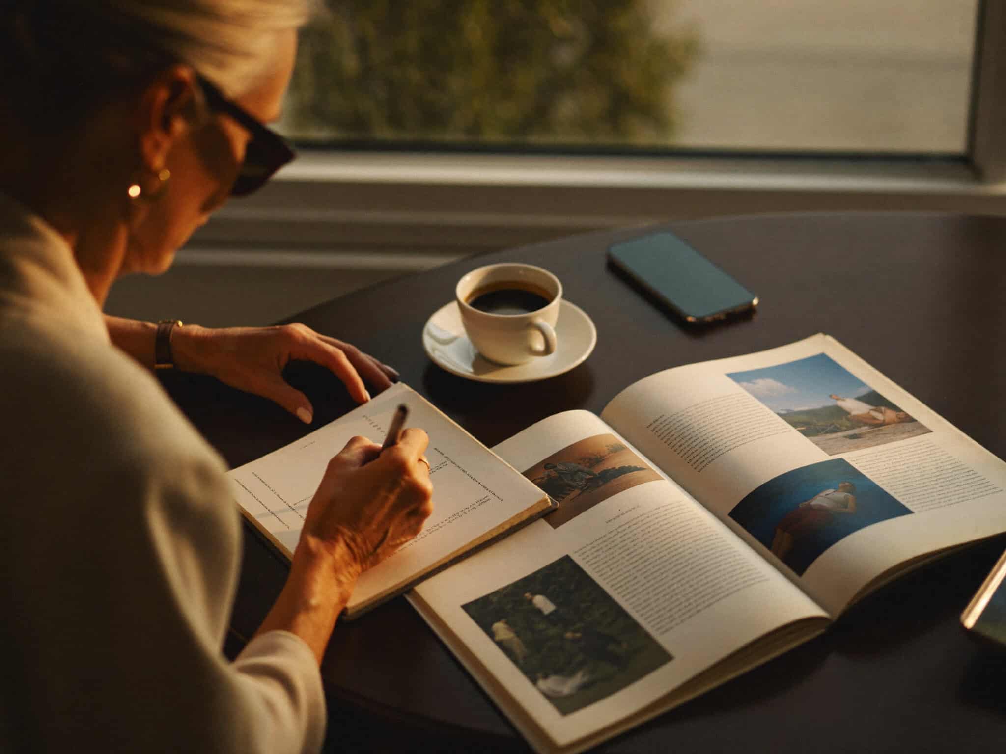 Ältere Frau schreibt ihre Lebenserinnerungen mit Meminto am Fenster