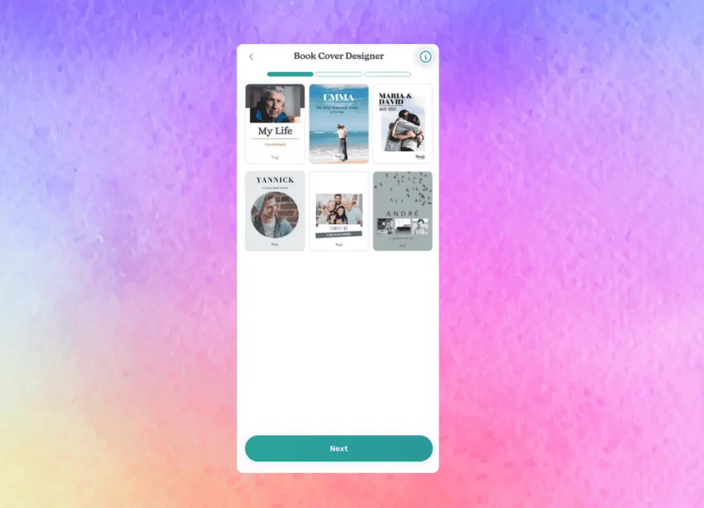 Book cover designer in the Meminto app showing a grid of six cover templates to choose from