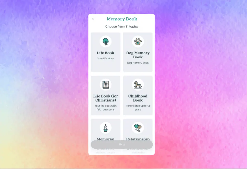 App screen for picking a memory book topic, with life book, dog book and childhood book tiles
