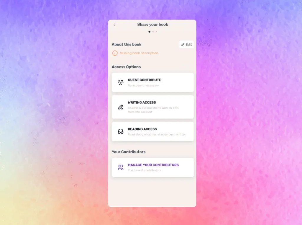 Share your book screen with guest, writing and reading access options and contributor management