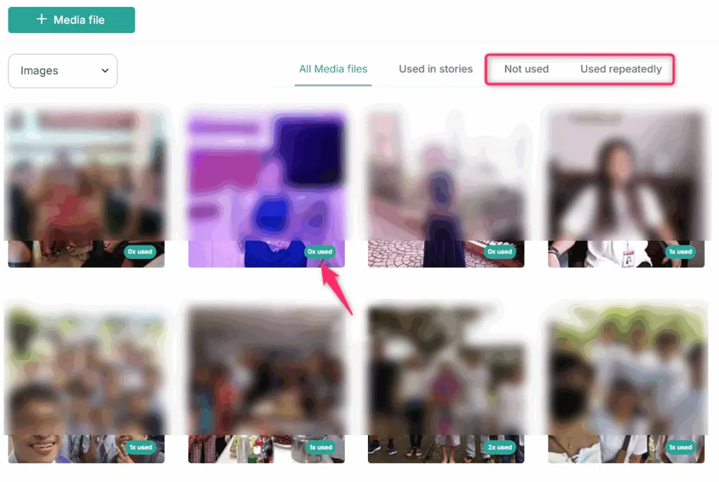 Media library with Not used and Used repeatedly tabs and a usage count badge on every image