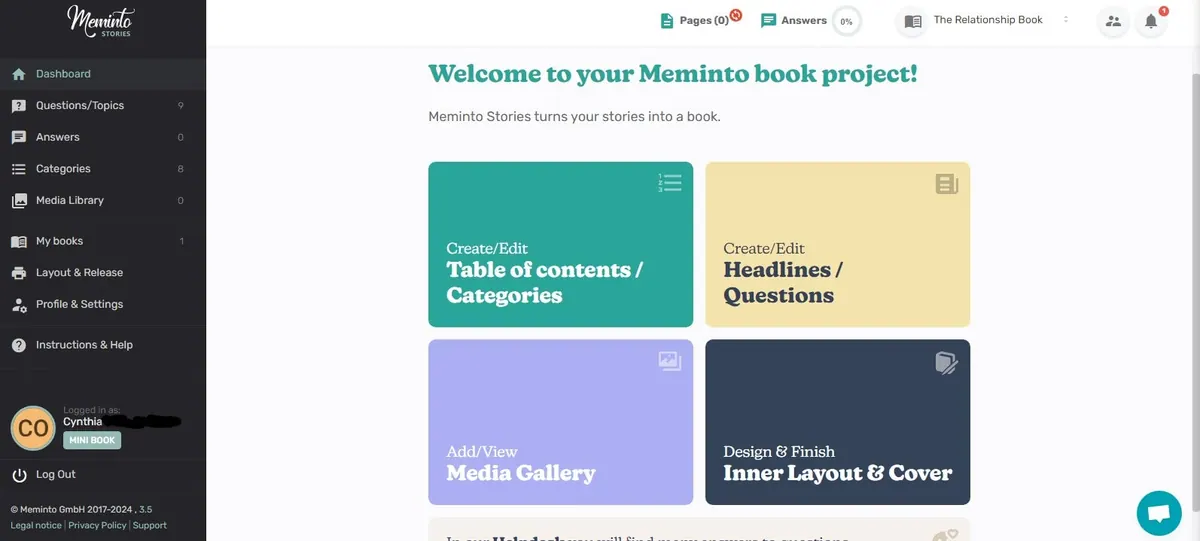 Book customization screen for adjusting the finished memory book