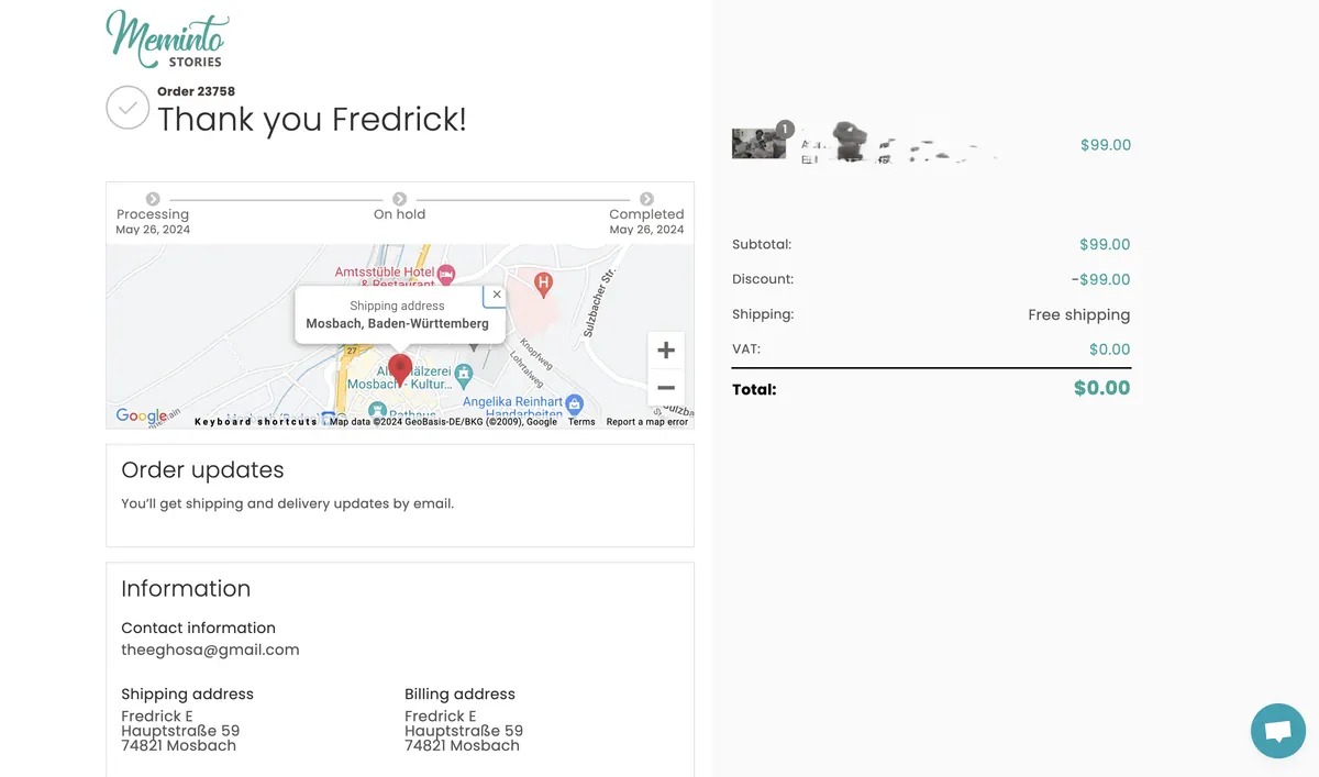 Order confirmation and tracking view on the checkout page
