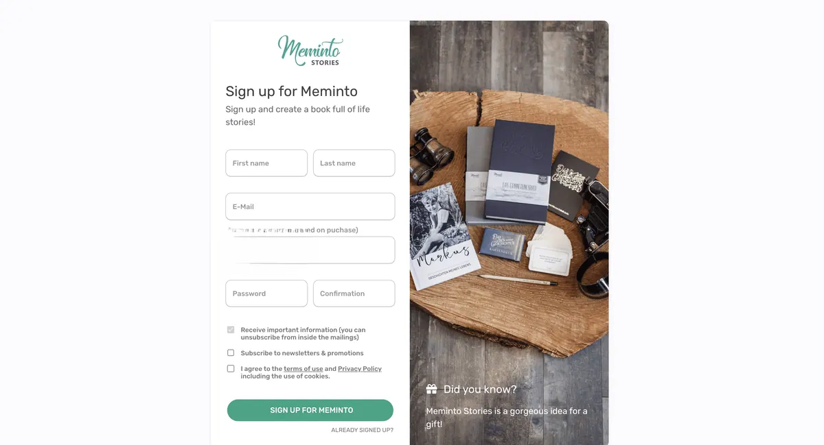 Meminto sign-up form with personal details, activation code and password