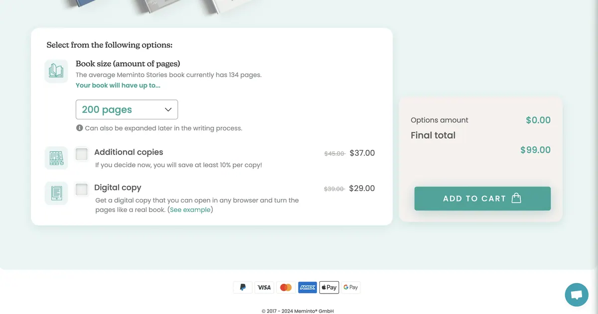 Page count selection with options for extra printed and digital copies