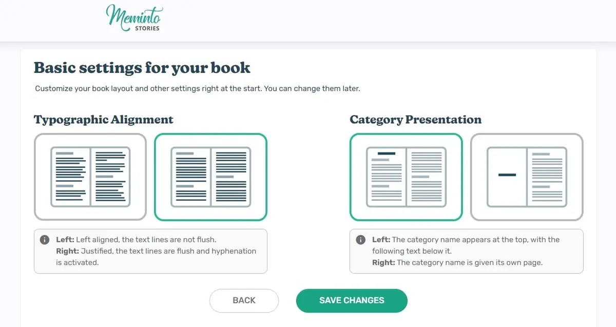 Layout settings for text alignment and category presentation