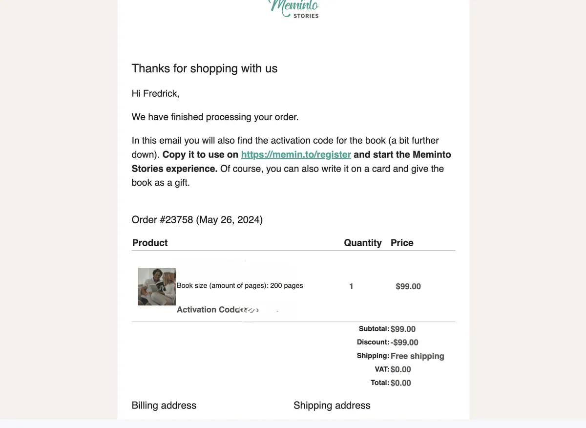 Confirmation email showing the Meminto activation code